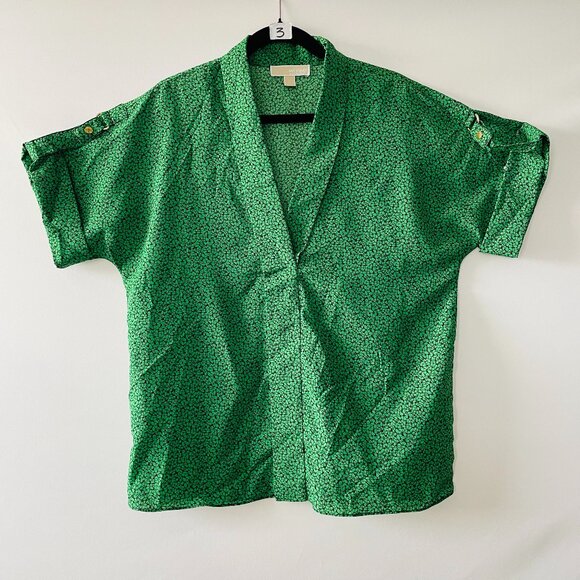 Michael Kors Womens Green Allover Print Adjustable Short Sleeve Blouse Top Large - Picture 1 of 5